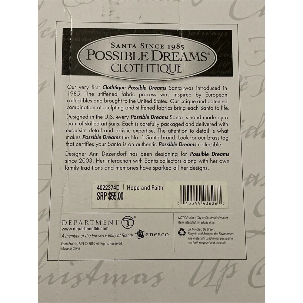 Possible Dreams Clothtique Santa Hope & Faith 4022374D Dept 56 Christmas Decor